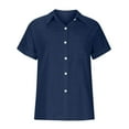 thumbnail image 2 of Clothes Ndbuld Womens Color Button Shirts V Neck Loose Blouse Short Sleeve Casual Work Tunic With Pocket Rollbacks,Blue,L, 2 of 5