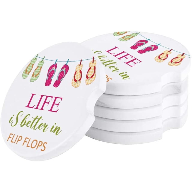 RYLABLUE Life is Better in Flip Flops with Striped Hanging Slippers Set of 2 Car Coaster for Drinks, Absorbent Ceramic Stone Coasters Cup Mat with Cork Base for Home Kitchen Room Coffee Table Bar Decor