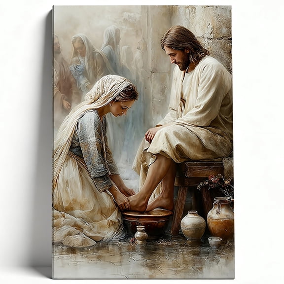 Jesus Washing Disciple Feet Canvas Wall Art Christian Biblical Oil Painting Religious Living Room Church Decor Print Ready to Hang 8*12