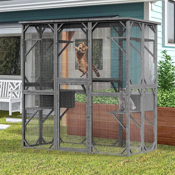 DAWNSPACES Large Wood Outdoor Cat Catio Enclosure, Large Cat House with