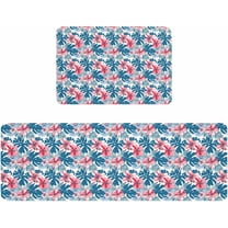 Kitchen Rugs and Mats,Red Flowers Blue Leaves Seamless 2 Piece Anti Fatigue Area Runner Rug Set Comfort Standing Floor Mat,Watercolor Tropical Plants Non Slip Absorbent Doormats for Laundry/Bathroom