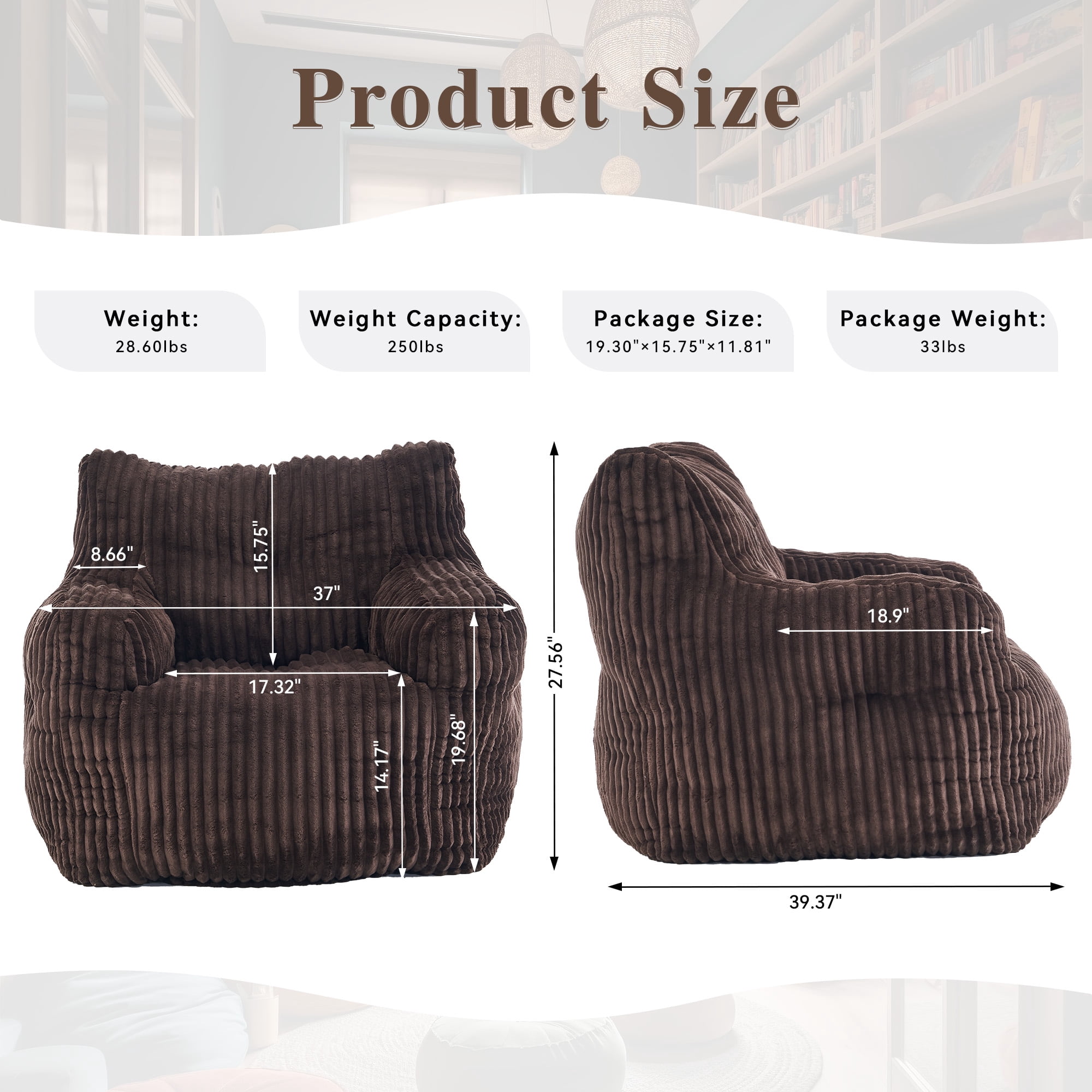 Bean Bag Chair with Filling BeanBag for Adults with Armrest Comfy Corduroy Fabric Lounge Lazy Floor Chair with Memory Foam Filler Fluffy Bean Bag for Dorm Living Room Bedroom Brown