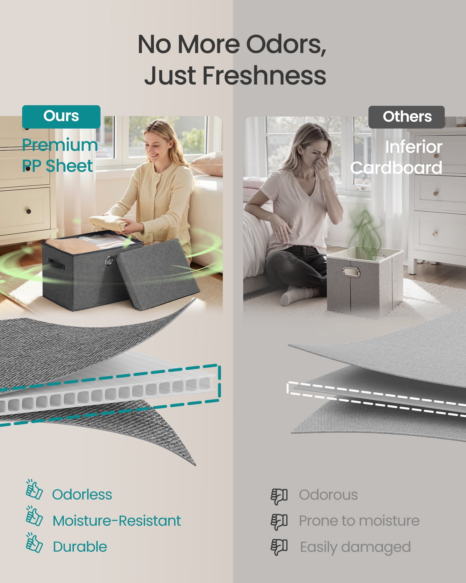 SONGMICS Storage Bins with Lids, 3 Pack Stackable Fabric Storage Boxes, Odorless PP Sheets, Foldable Cube Baskets Organizers with Handles, Slate Gray