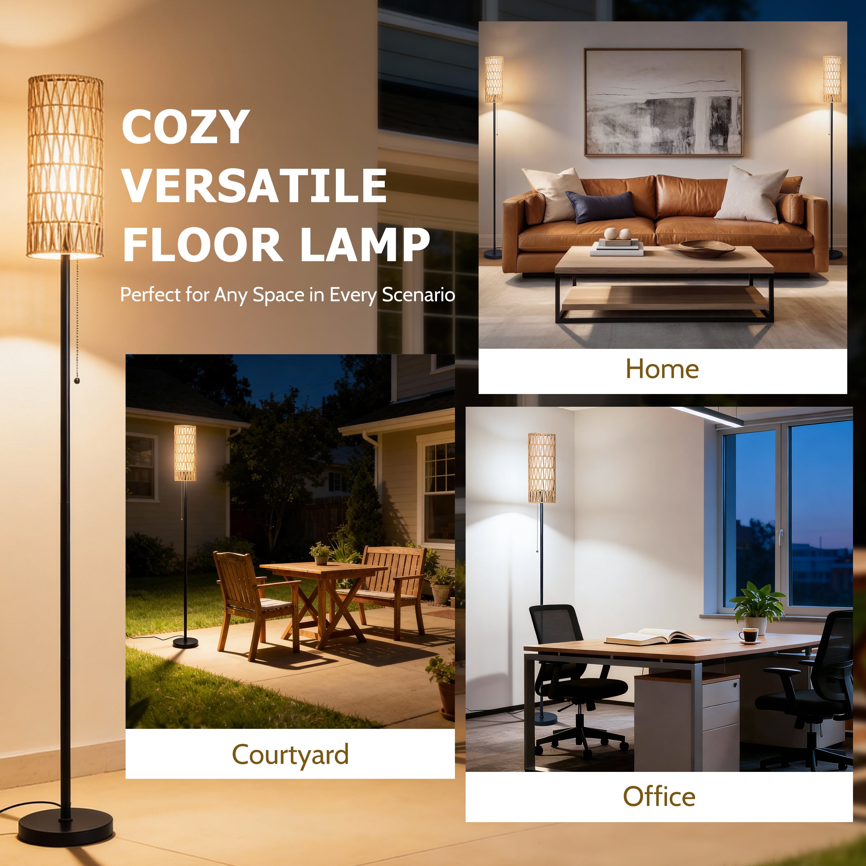 Coliware 63” Rattan Floor Lamp, Black Modern Standing Lamp with Pull Chain Dual Shade, Reading Pole Lamp with 3 Color Temperatures
