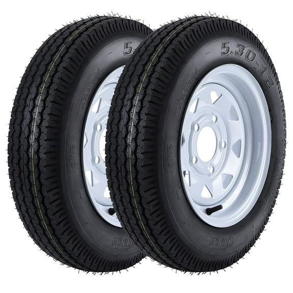 Set of 2 5.30-12 5.30x12 530-12 5.30-12 Trailer Tires with 12" Rims, 5 Lug on 4.5", Load Range C, 6PR