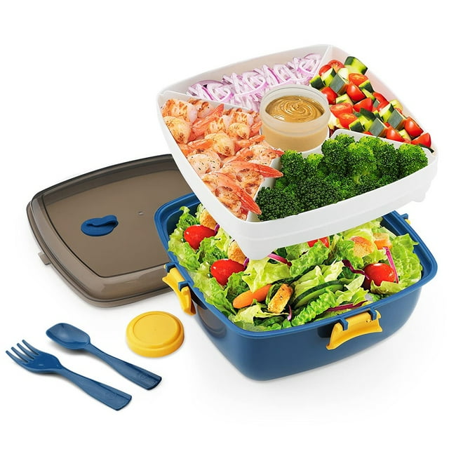Recipiente de Almuerzo de Ensaladas para Llevar, Ensaladera con Bandeja Estilo Bento de 5 Compartimentos, Tenedor Cuchara Reutilizable y Recipiente para Salsas Azul