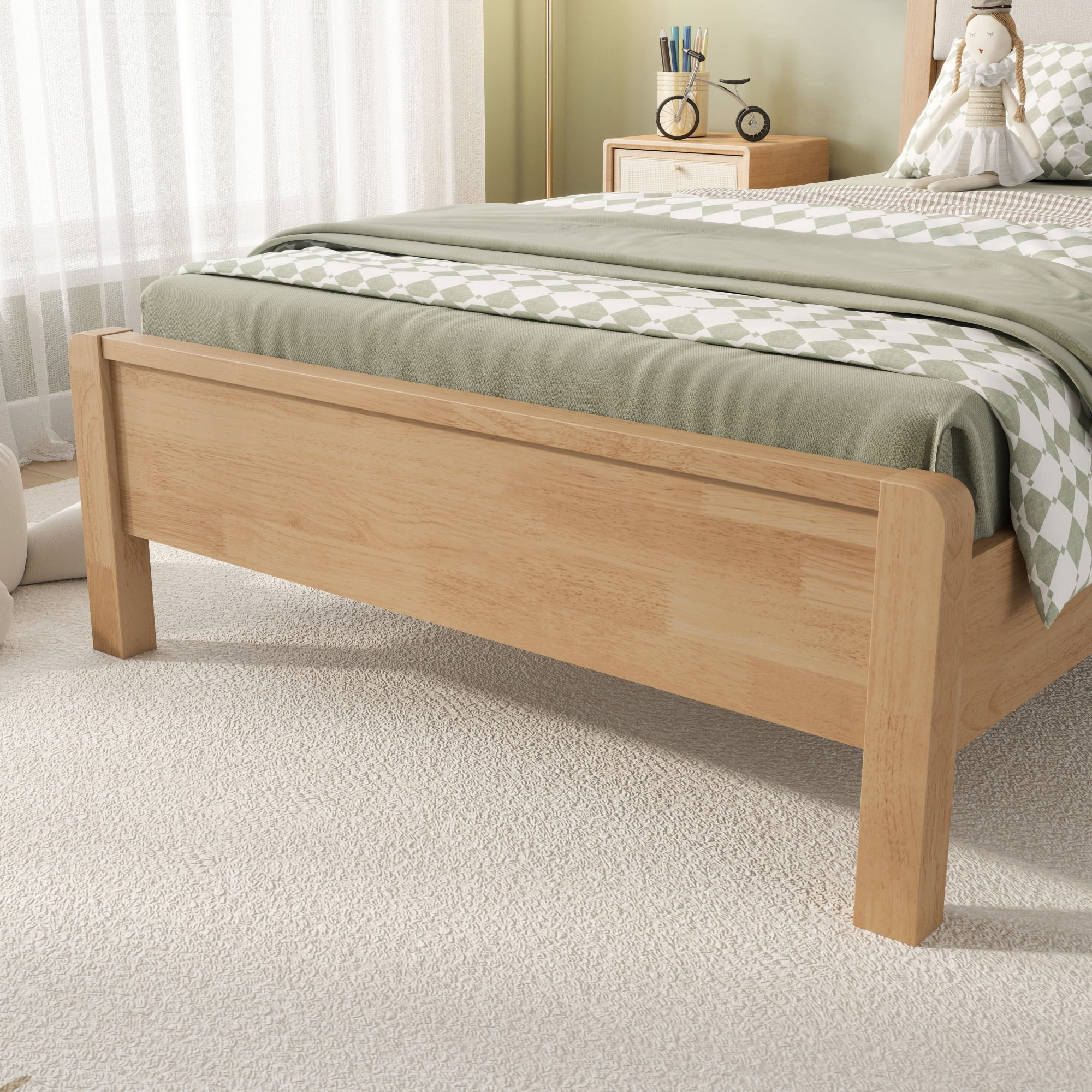 HOQBN Twin XL Solid Rubberwood Bed Frame with Upholstered Headboard, Reinforced Central Support Legs for Bedroom Natural