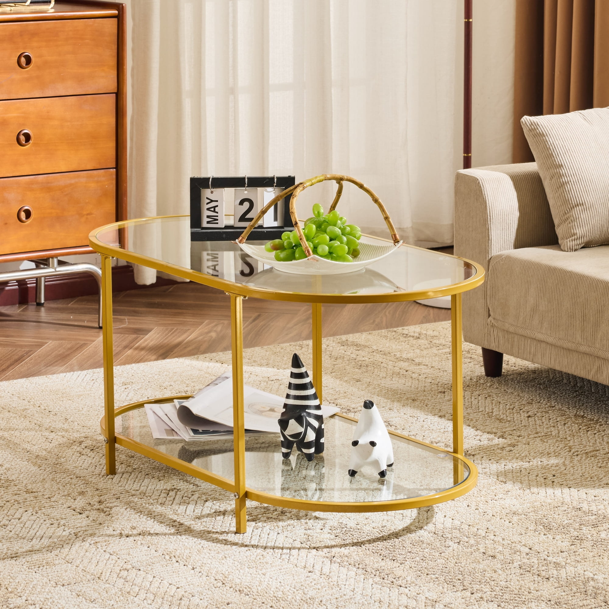 Ktaxon Rustic Coffee Table, Transparent Glass 2-Tier Oval Vintage Minimalist Design Center Table Rust Resistant Narrow Table for Living Room, Gold