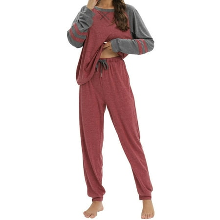 

Valcatch Women s Color Block Pajamas Set Crewneck Long Sleeve Tops with Long Pants Outfits Lounge Sets