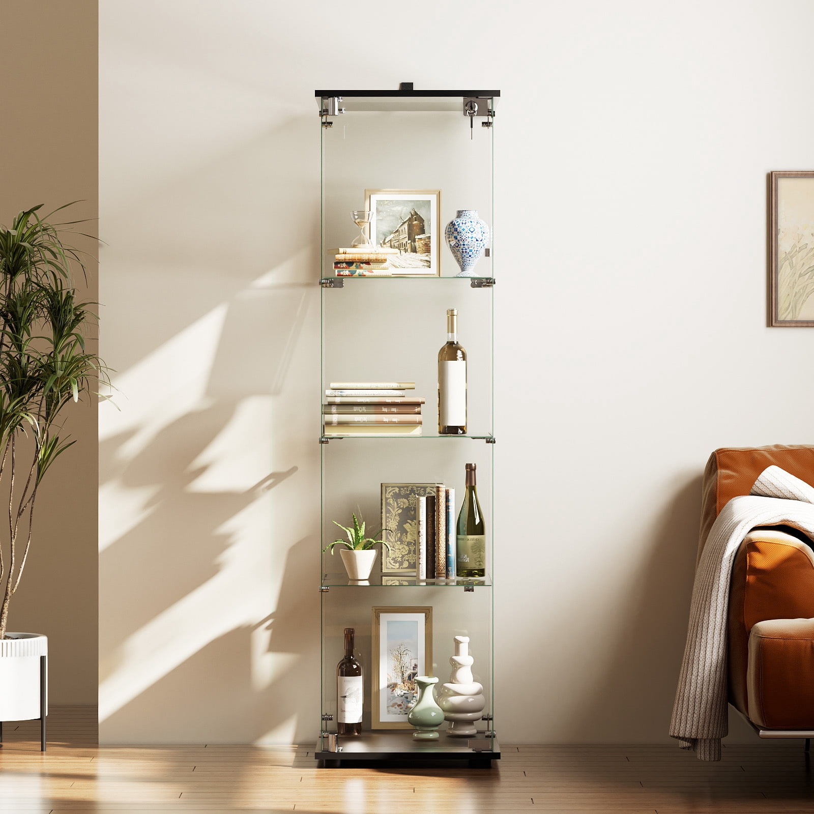 Clarvion 64" Tall Display Cabinet with Lock, 4-Tier Tempered Glass Display Case for Collectibles, Freestanding Single Door Showcase, Black
