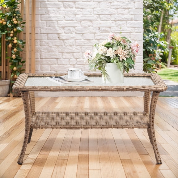 Giantfurnni Outdoor Coffee Table with Temepred Glass Top & Storage Wicker Coffee Table for Patio