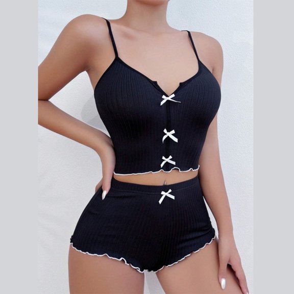 Juslio Women Pajamas with Pockets Fashion Solid Halter Tops and Elastic Waist Shorts Homewear 2 Piece Matching Pajamas Sets L