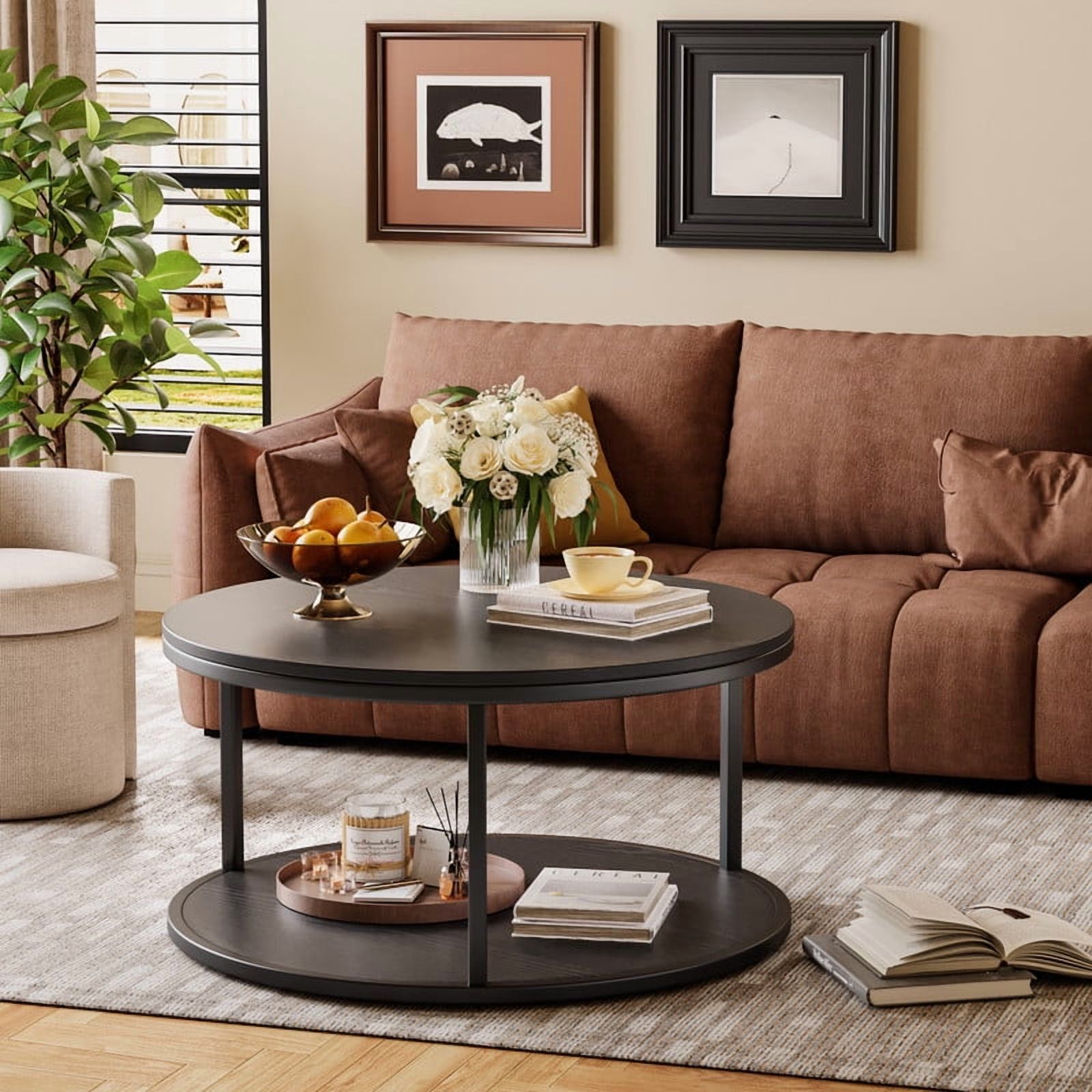 Homall Round Farmhouse Coffee Table with Storage 2 Level Wooden Center Table For Living Room,Black