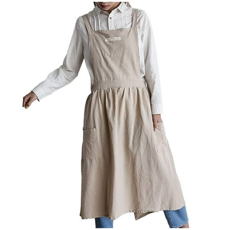 

Skpblutn Summer Dresses 2023 Cotton And Linen Cross Back Kitchen Cooking Aprons For With Pockets Cute For Baking Painting Gardening Cleaning Fashion Casual Dresses For Women Khaki One Size
