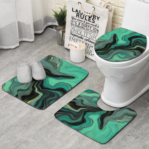 Green Gray Yellow Marble Pattern Bathroom Rugs Sets 3 Piece,Toilet Cover Set,Absorbent Non Slip Bathroom Mats Sets with U-Shaped Contour Rug Toilet Rug Set