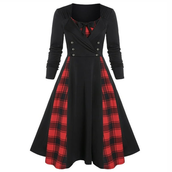 LYXSSBYX Womens Dresses Long Sleeve Women Retro O-Neck Long Sleeve Bow Plaid Print Button Patchwork Midi Vintage Dress