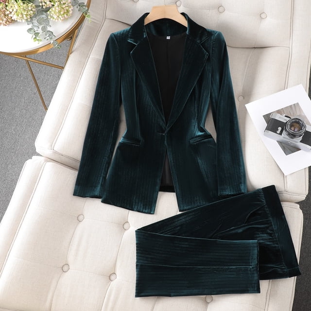 Chaqueta de traje pequeña de terciopelo dorado con sensación de rojo verde para mujer, traje de overol de temperamento profesional de principios de otoño