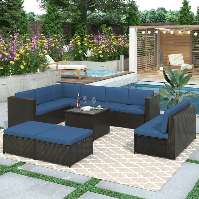 PE Wicker Furniture Set 9 Pieces Patio Garden Conversation Cushioned Seat Couch Sofa Chair Set with Beige Cushion and Furniture Covers, Black PE Rattan