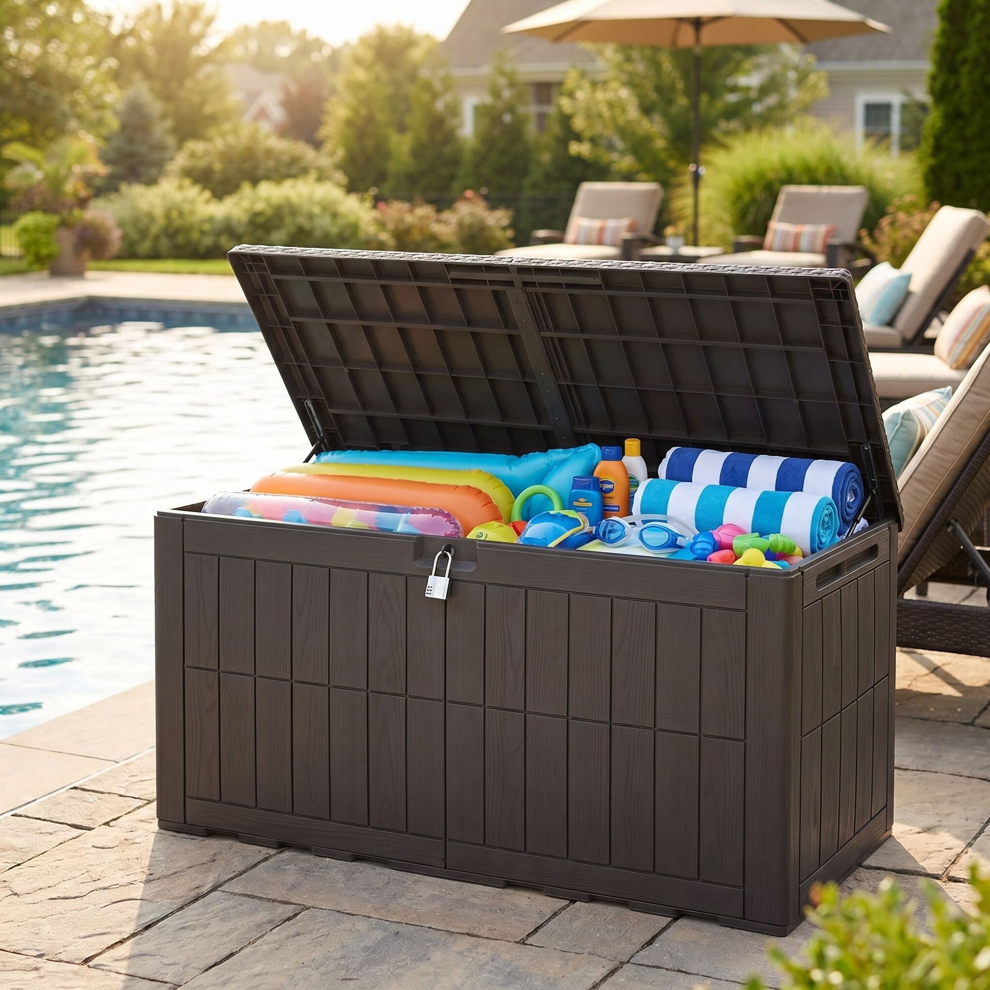 Uforic 134 Gallon Waterproof Outdoor Storage Box with Lock, Resin Deck Box with Hydraulic Support, Weatherproof Storage Bin for Patio Cushions Garden Tools Pool Supplies, Dark Brown