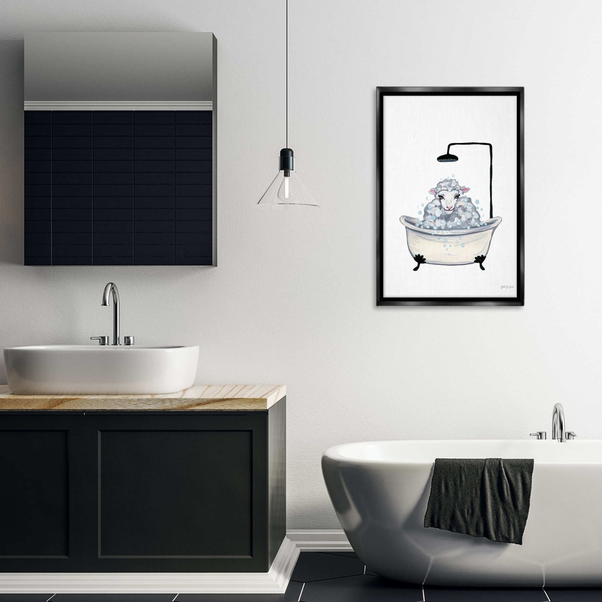 Stupell Industries Farm Sheep Bathtub Typography Painting Black Floater Framed Canvas Art Print Wall Art, 21 x 31