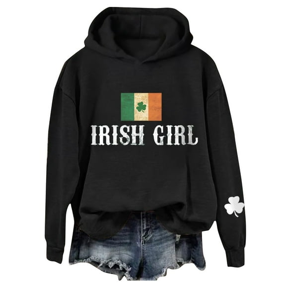 Bunenne St Patrick Day Sweatshirts Shamrock Sweatshirt Women's St. Pa Trick's Day Irish Girl Print Hoodie Hoodies for Women Black 1 L
