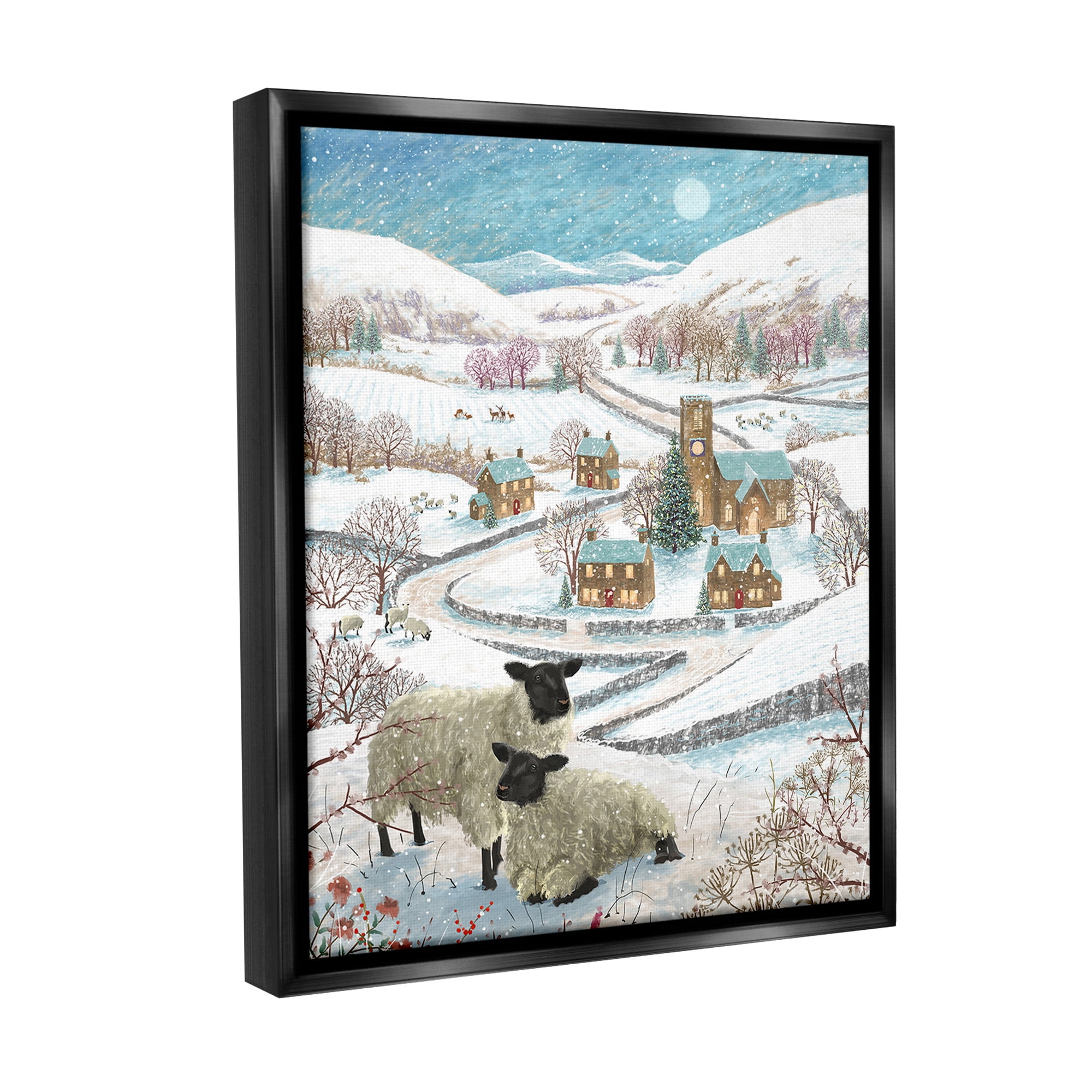 Stupell Industries Sheep on Wintery Hill Animals & Insects Painting Black Floater Framed Canvas Art Print Wall Art, 17 x 21