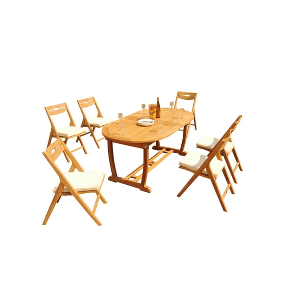 Grade-A Teak Dining Set: 6 Seater 7 Pc: 94" Mas Oval Trestle Leg Table And 6 Surfliner Folding Reclining Arm Chairs Outdoor WholesaleTeak #51SL2307