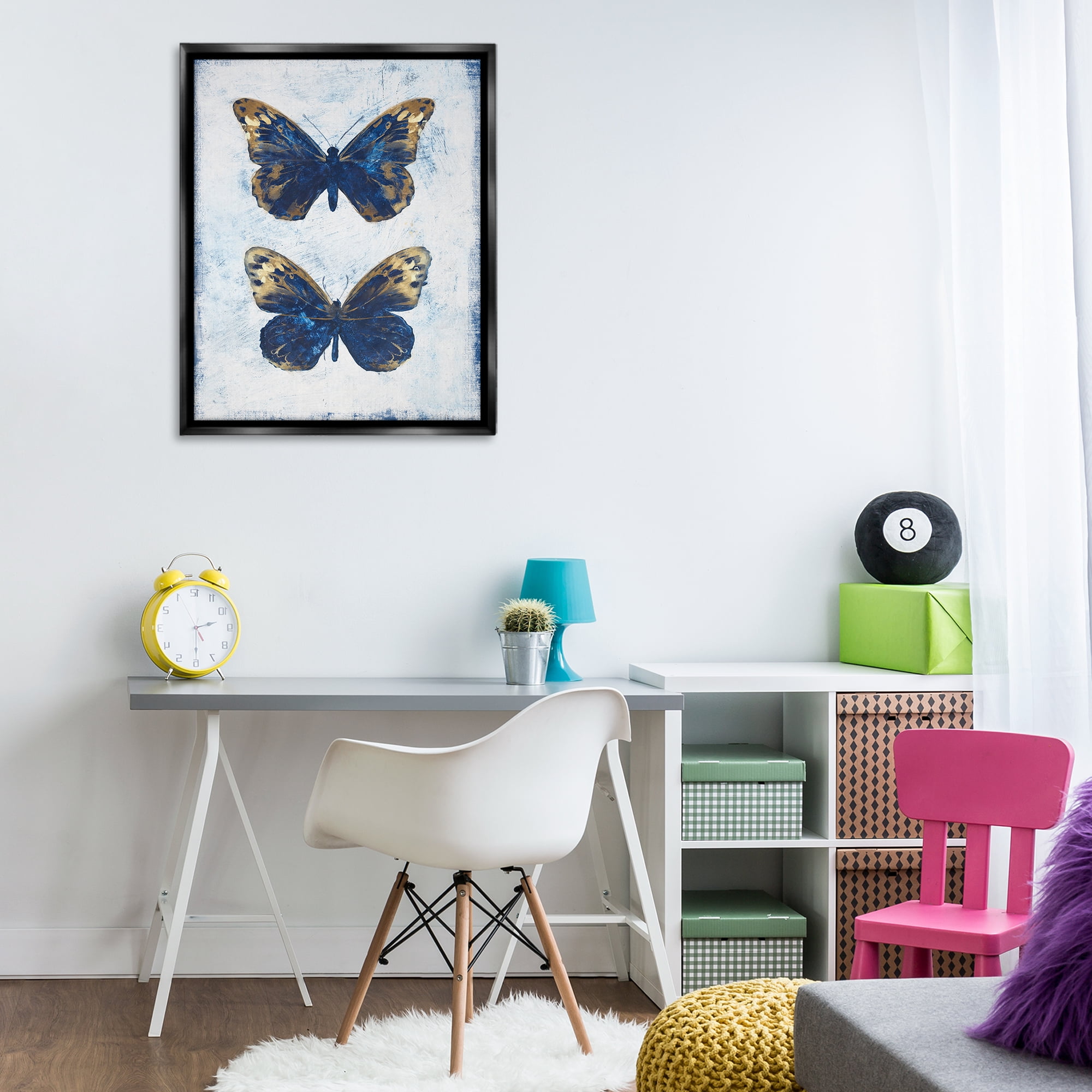 Stupell Industries Gold & Blue Butterfly Animals Painting Black Floater Framed Canvas Art Print Wall Art, 25 x 31