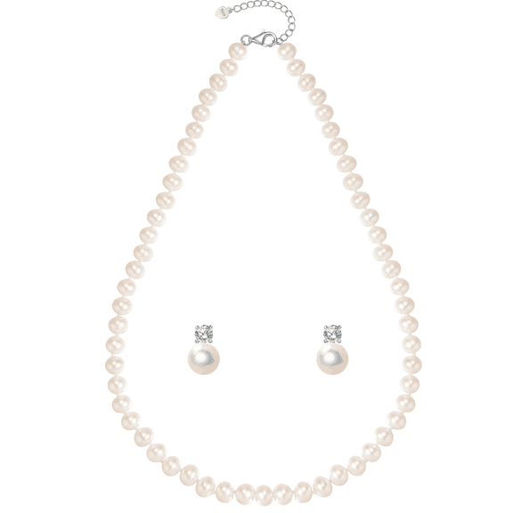 YAMI Freshwater Pearl Jewelry Set for Women, 6-7mm Round Pearl Necklace, 8-9mm Button Pearl Stud Earrings, 925 Sterling Silver, 5A CZ, 18 2 Inch Gift for Women