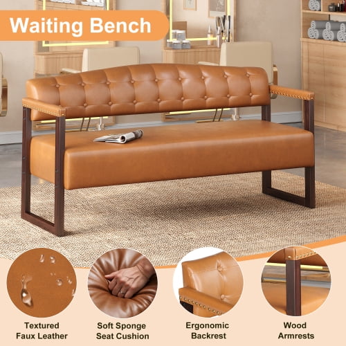 57.83" Waiting Room Bench, Mid-Century Modern Reception Sofa with Tufted Backrest and Nailhead Trim, Black PU Leather Commercial Waiting Bench for Beauty Salon, Spa, Office, Barber Shop, Dark Brown