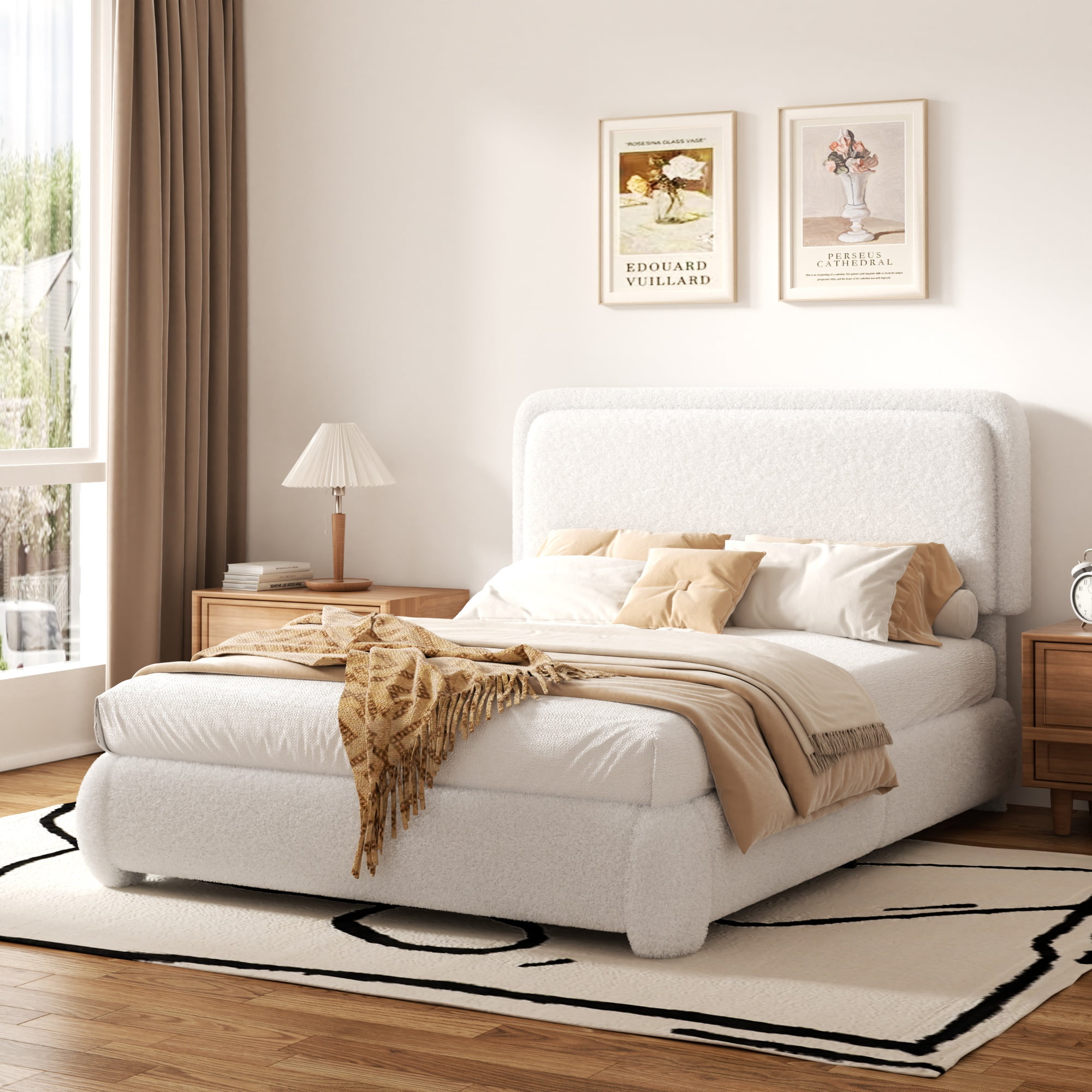 VIPLOV Full Size Boucle Bed Frame, Cloud Upholstered Platform Bed with Height Adjustable Headboard & Soft Rounded Corners, No Noise Free, Easy Assembly,White