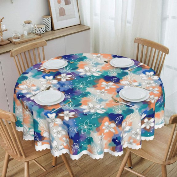 White Flowers On Colorful Watercolo Round Tablecloth Waterproof Table Cloth Stain and Wrinkle Resistant Washable, Decorative Fabric Table Cover for Dining, Party and Camping