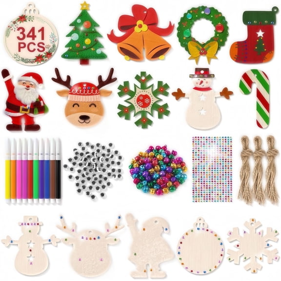 Scidweet 341 Pcs Wooden Christmas Ornaments, Christmas Crafts DIY Unfinished for Kids Holiday Hanging Xmas Decor