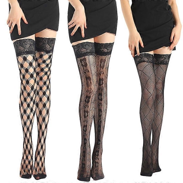 Women Sexy Fishnet Thigh High Stockings with Silicone Lace Top Tights Diamond Plaid Floral Patterned Over Knee