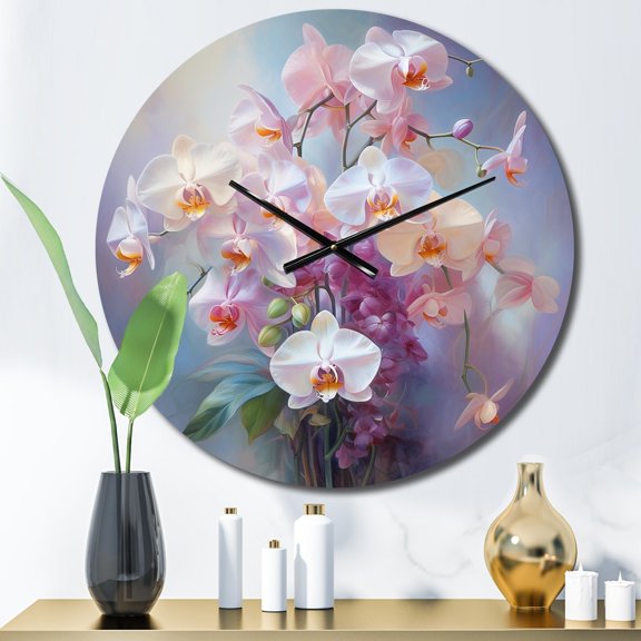 Designart "Peach Orchids love expression V" Floral Oversized Wall Clock
