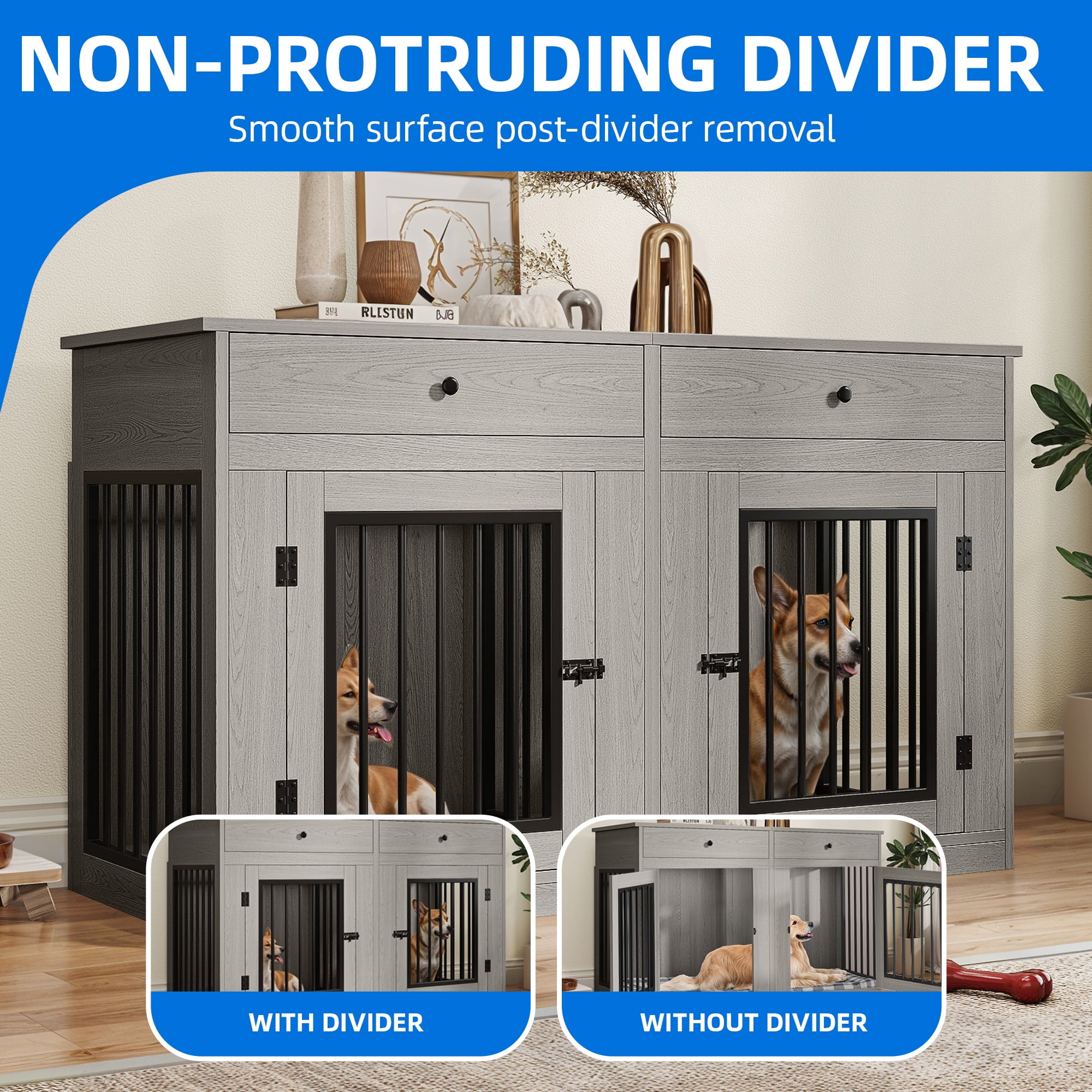 Dextrus 60" Large Double Door Dog Crate Furniture with Locks, Indoor Dog Cage Table with Removable Divider & 2 Storage Drawers, Gray