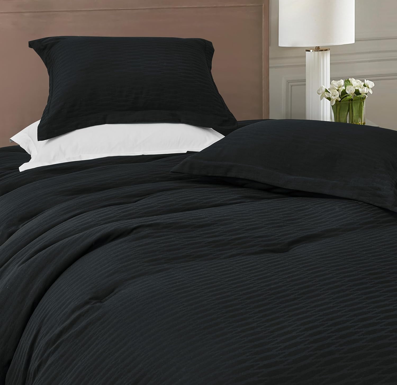 Chezmoi Collection Calvin 3-Piece Jacquard Comforter Set Full Size, Black Textured Woven Lightweight Comforter Bedding for All Season