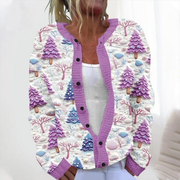 Cardigan Sweaters for Women Trendy Fall Fashion 2025 Ndbuld Women's Casual Christmas Printed Knitted Cardigan Button Up Jacket Coat Great Gifts for Less Multicolor S