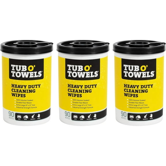 Tub O Towels TW90 Heavy-Duty 10" x 12" Size Multi-Surface Cleaning Wipes, 90 Count Per Canister 3 Pack