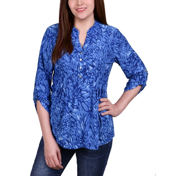 Royal Abstract 3/4 Roll Tab Sleeve Studded Y Neck Top - Plus