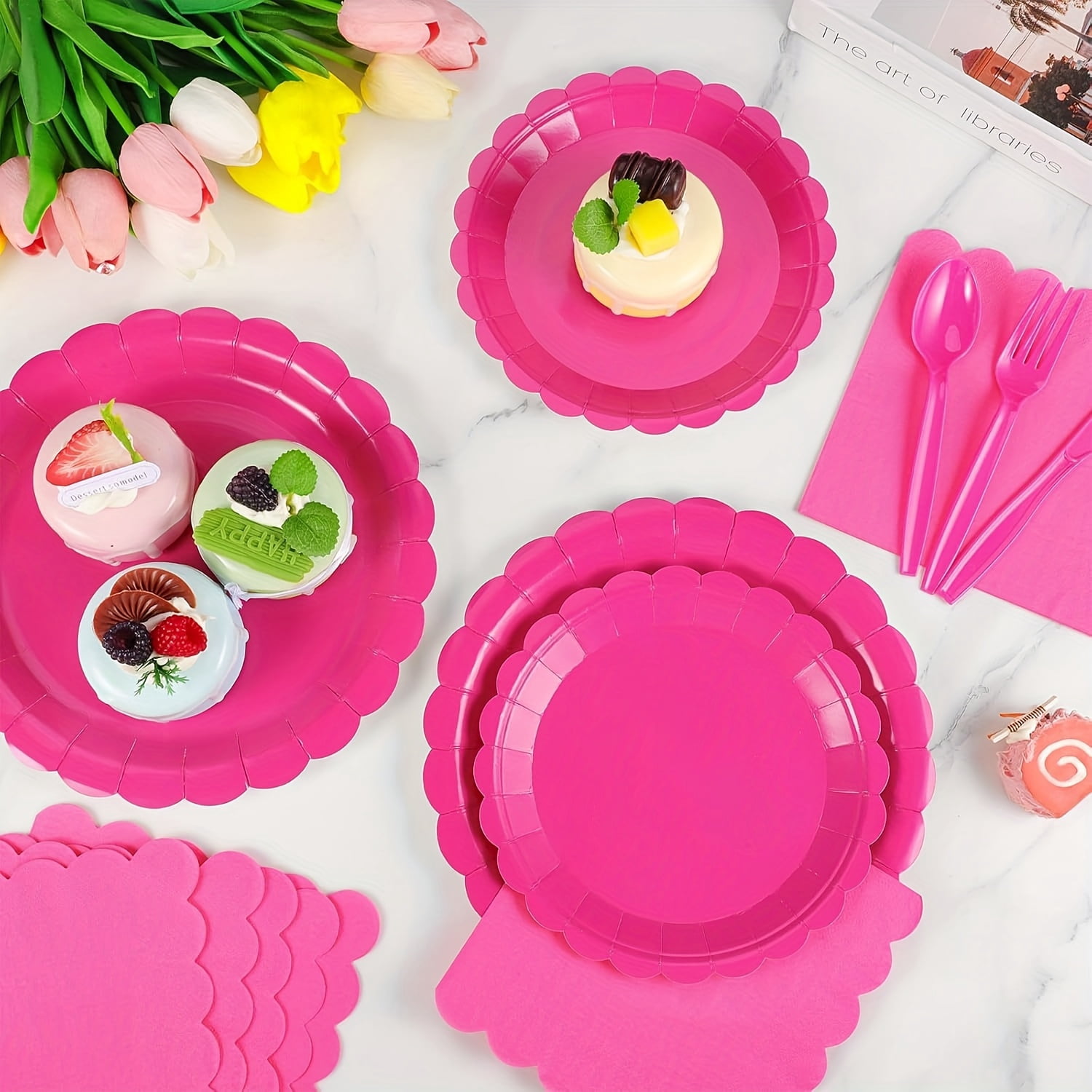 100pcs Rose Red Party Tableware Set for 25 Guests, Oil-proof and Leak-proof, Ideal for Birthday Parties, Gatherings and Picnics, Unique and Beautiful Pink Paper Plates and Hot Pink Party Decorations