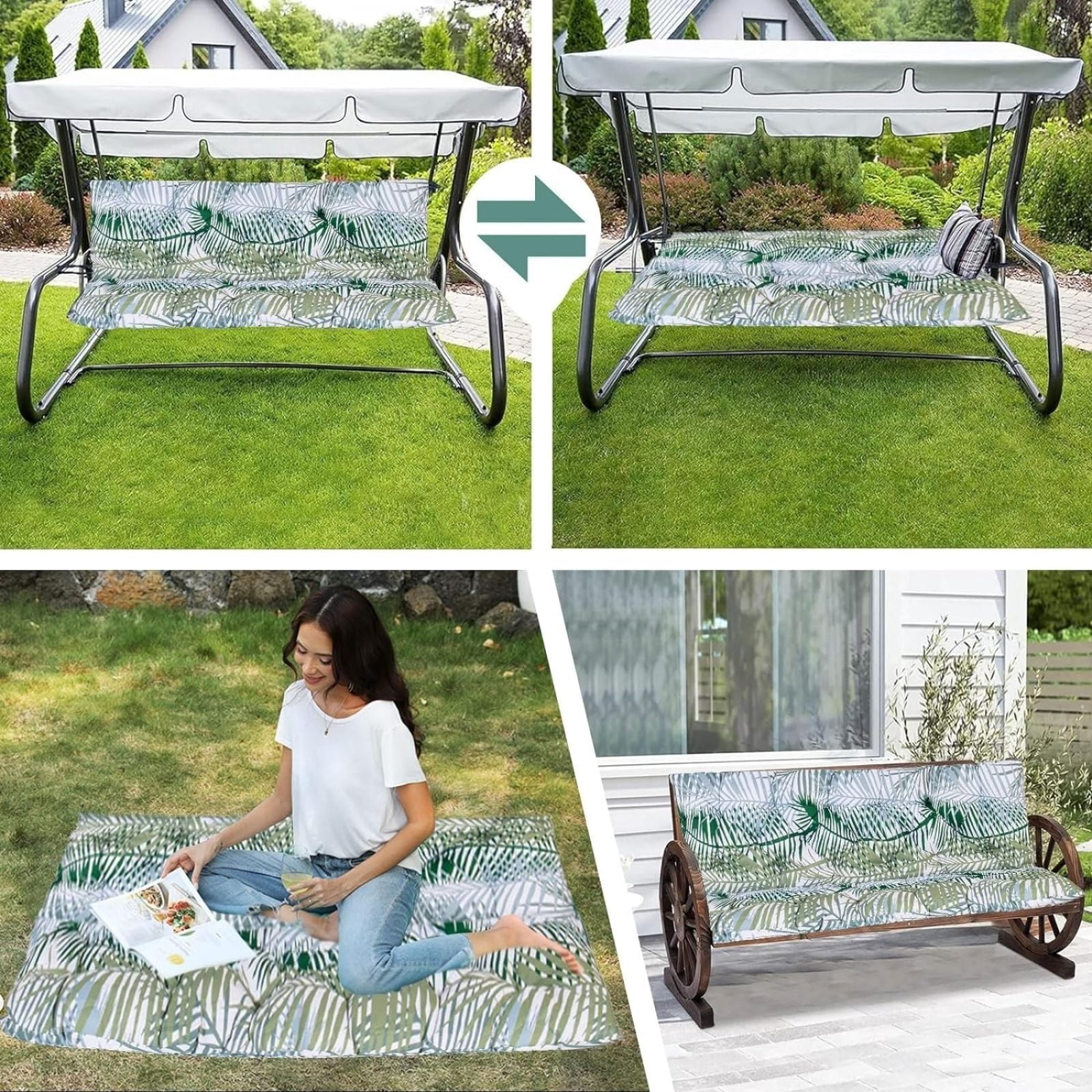 SQDWYGG Outdoor Swing Cushions with Backrest, 2 or 3 Person Seat Bench Replacement Waterproof Cushion for Outdoor Patio Porch Garden Furniture Swing Chair,Bamboo Leaf,39.4x39.4in