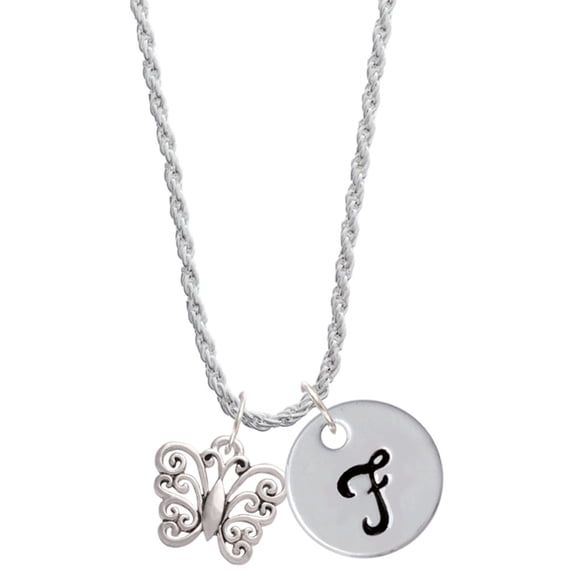 Delight Jewelry Filigree Curls Butterfly Silvertone Script Initial Disc - F - Charm Necklace, 20"+3"