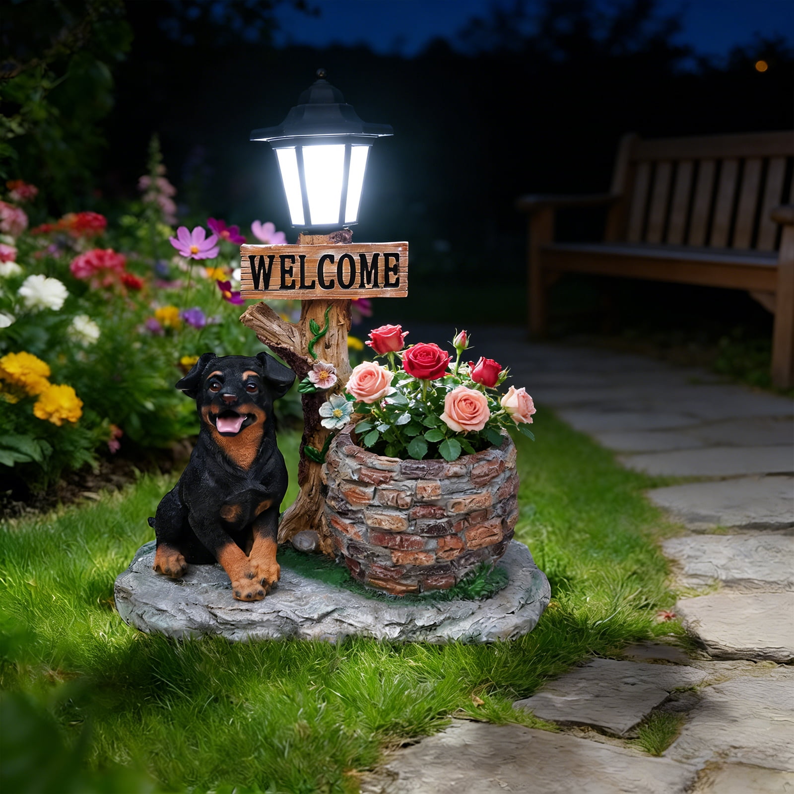 Aukfa Cute Puppy Dog Planter Statue with WELCOME Sign & Solar Figurines Light, Outdoor Garden & Entryway Accent