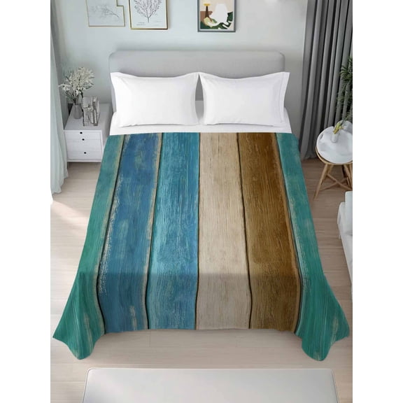 Teal Brown Blue Wooden Twim Size Flat Sheet, Wrinkleproof & Fadeproof Cooling Flat Bed Sheet Only, Farmhouse Vertical Striped Art Breathable Soft Bedding Top Sheets 66 x 96 Inches