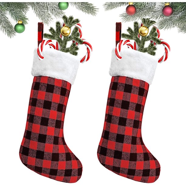 Medias navideñas: 16,5 pulgadas, medias navideñas a cuadros de búfalo rojo y negro, adorno con puño de felpa para vacaciones familiares, decoraciones para fiestas navideñas (2 piezas) Rojo Verde Cocina, Decoración y Otros