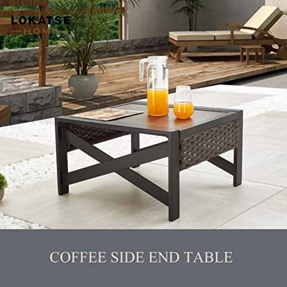 LOKATSE HOME Outdoor Metal Patio Bistro Coffee End X Shaped Steel Legs, Wicker Rattan Around, Side Table, Brown