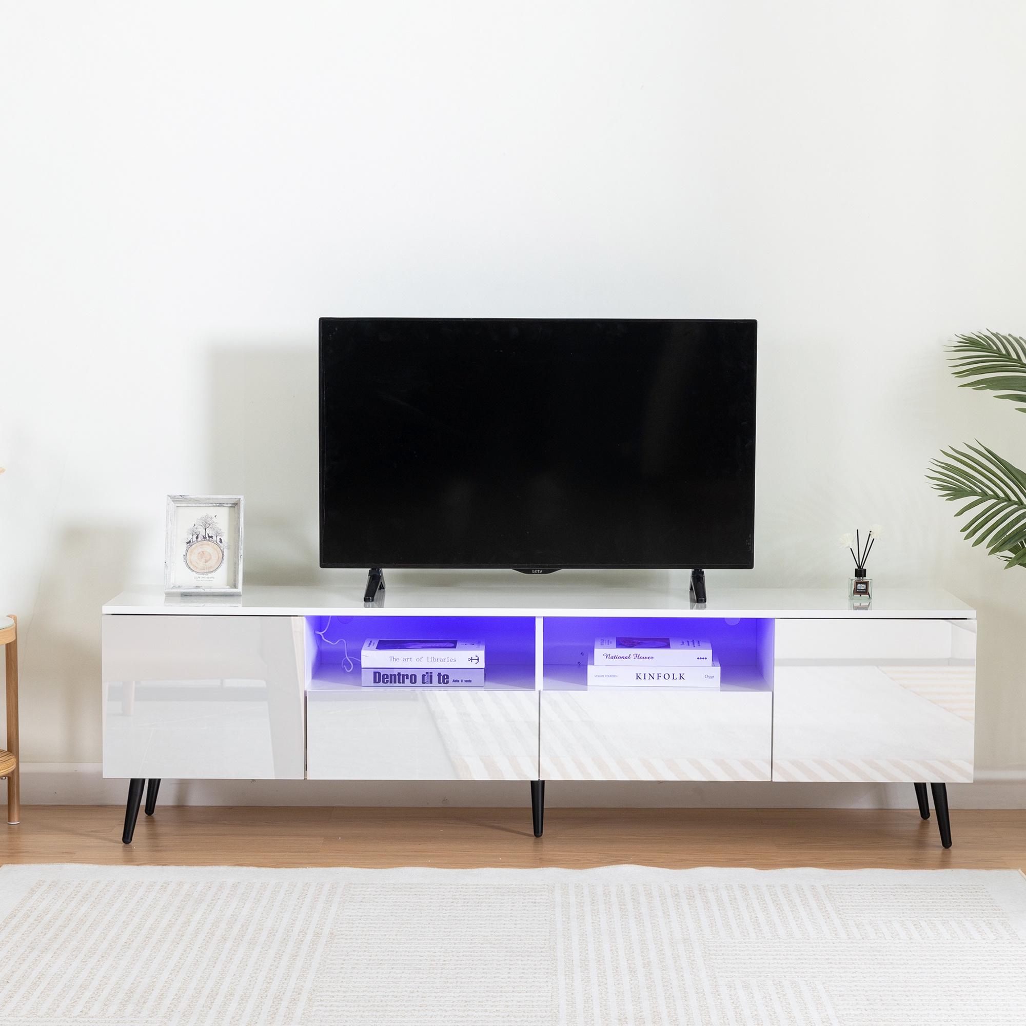 TV Stand for 75 Inch TV, Modern Entertainment Center with RGB LED Lights and Storage Drawers, High Gloss Living Room TV Cabinet, White