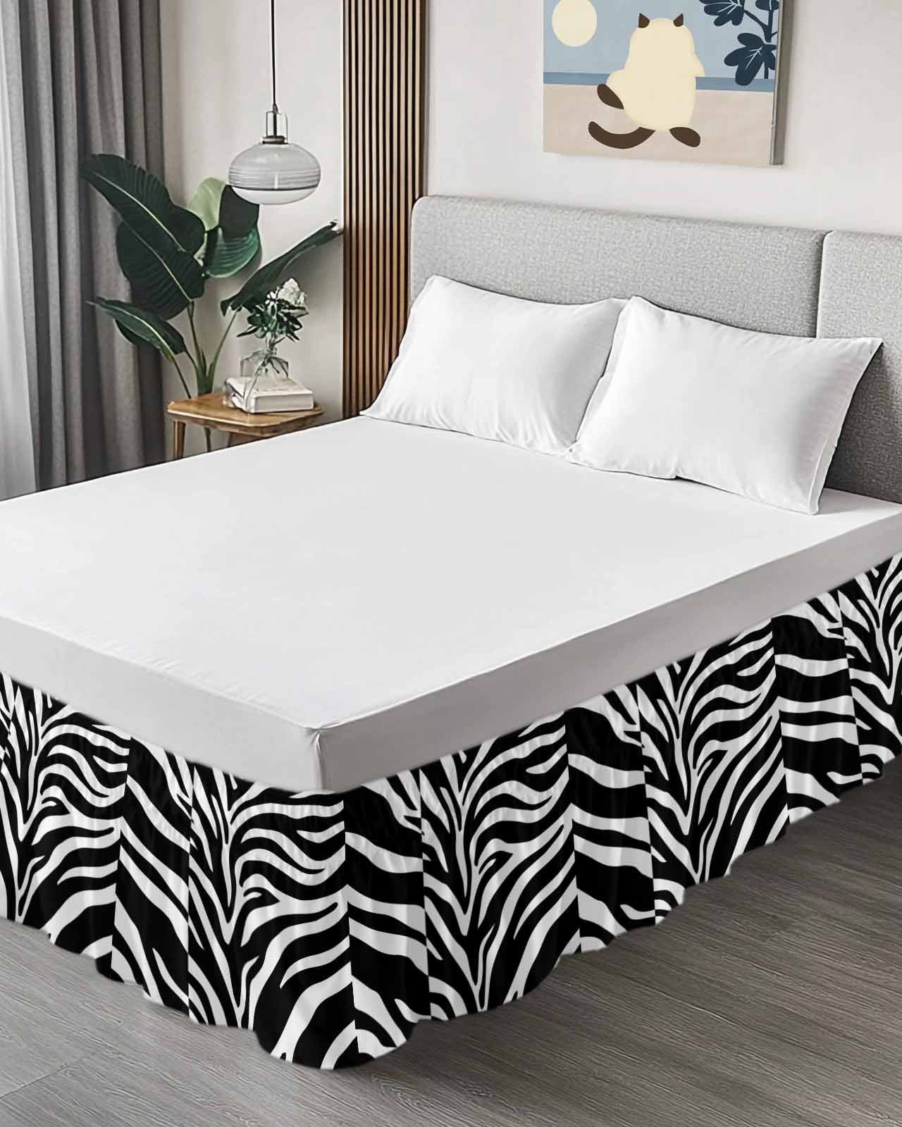 Abstract Tiger Print Bed Skirt Queen Size 18 Inch Drop, Black White Animal Fur Texture Modern Art Adjustable Elastic Dust Ruffles Bedskirt for Queen Bed Wrap Around Pleated Mattress Frame Cover