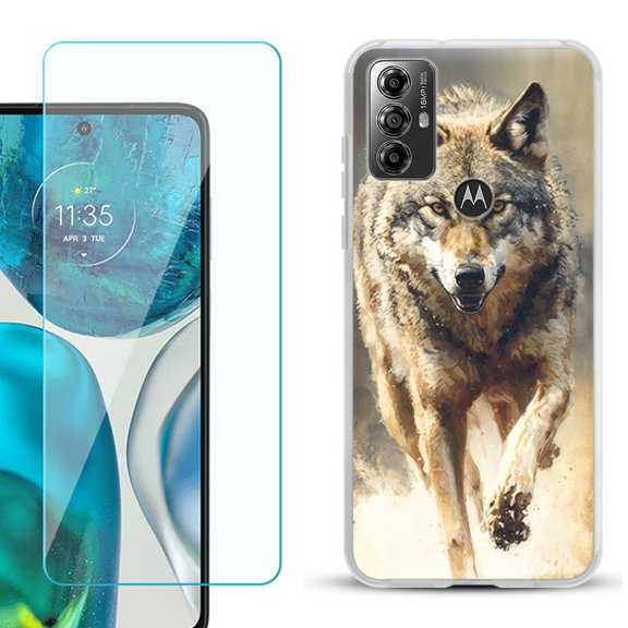 OneToughShield ® for Motorola Moto G Play 2023 Shockproof Fashion Phone Case, with Tempered Glass Screen Protector - Running Wolf
